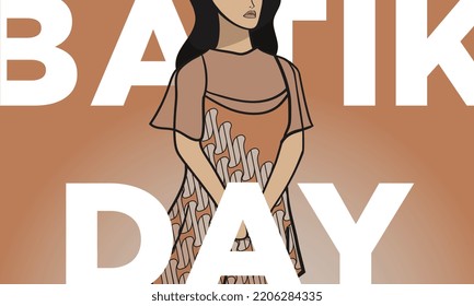 A woman wears a batik dress in the pattern of the Parang illustration. National Batik Day Poster. 2nd October. Cultural heritage.