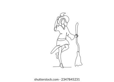 A woman wears the concept of a witch. Halloween one-line drawing