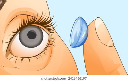 A woman wears contact lenses for her eyes. Close-up image of a female eye and contact lens. Healthcare illustration. Vector illustration.