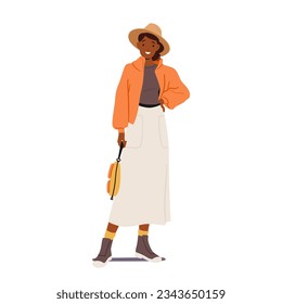 La Mujer Usa Suéter Acogedor Y Boots, Armarlos Con Sombrero Y Chaqueta Elegantes Para Crear Trajes De Otoño A La Moda. Personaje femenino negro de moda con atuendo otoñal. Ilustración de vectores de personas de caricatura