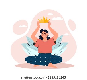 Woman wears crown. Metaphor of self love, mental health care. Lotus woman, meditation and yoga, inner peace, balance and self confidence. Happy character smiling. Cartoon flat vector illustration