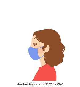 a woman wears a disposable medical surgical face mask to protect the city from toxic air pollution. stop the spread of viruses, help prevent the transmission of infection from mouth to mouth. Vector i