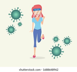 Woman wears face masks and face shield for protect corona virus. Social Distancing with COVID-19 crisis concept.