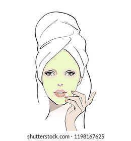 A woman wears a facial mask with a towel on her head, vector illustration for instructions. Fashion, style, beauty. Graphic, sketch drawing. Stock Vector illustration