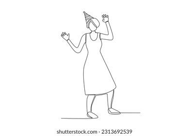 A woman wears a hat at a birthday celebration. Birthday party one-line drawing
