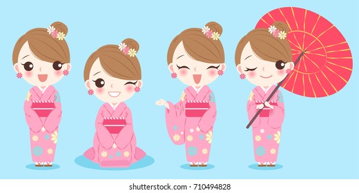 woman wears kimono on the blue background