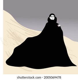 A woman wears a long flowing cloak.