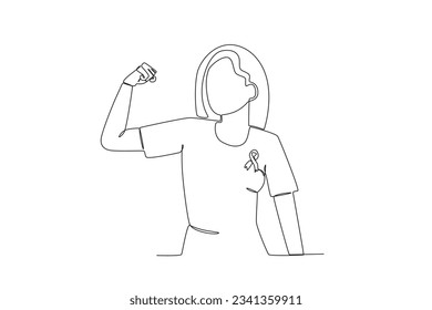 A woman wears a ribbon and makes a strong pose. Breast cancer awareness month one-line drawing