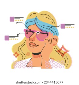 Woman wears smart glasses, VR virtual reality and augmented reality technology. Risograph retro style of future. Cartoon girl character. Vector illustration isolated on white.
