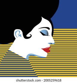 A woman wears a striped shirt in a pop art style illustration.