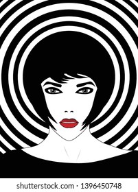 A woman wears a stylish striped hat in a minimalist fashion and beauty illustration.