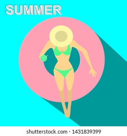 A Woman Wears Swimsuit And Relax On Donuts Buoy While Drinking A Juice In Swimming Pool, Summer Vacation With Summer Text Cartoon Vector