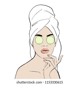 A woman wears with a towel on her head, vector hand drawn illustration for instructions. Slices of cucumber lie on the girl's eyes. Fashion, style, beauty. Graphic, sketch drawing. Vector illustration