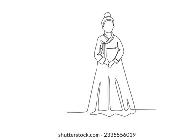 A woman wears traditional clothes on a Chuseok day. Chuseok one-line drawing