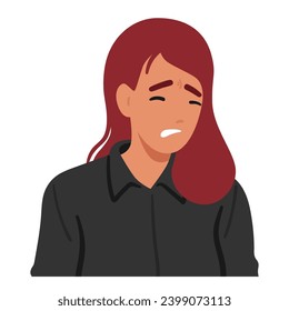 Woman Wears An Upset Expression. Her Downturned Lips And Tense Features Reveal Inner Turmoil, Reflecting The Emotional Turbulence She Is Currently Experiencing. Cartoon People Vector Illustration