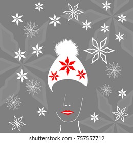 A woman wears a winter hat with a pompom in a minimalistic seasonal illustration.
