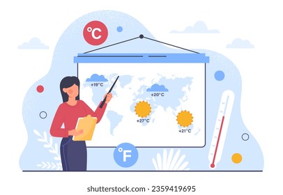 Woman with weather forecast concept. Young girl with pointer near map with sun and rain. Meteorologist at workplace with thermometer. Celsius and fahrenheit. Cartoon flat vector illustration