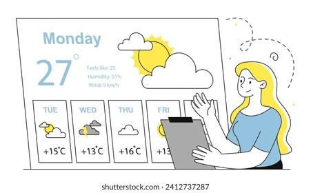Woman with weather forecast linear. Young girl with laptop look at temperature. Sunny or cloudy day. Storm and rainy and wet weather. Doodle flat vector illustration isolated on white background