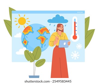 Woman weather forecast. Young girl with tablet stands near map of globe. Meteorological TV show host. Meteorologist with weather forecast. Flat vector illustration isolated on white background