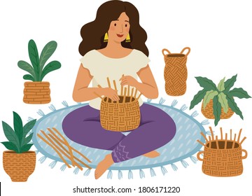 Woman weaving DIY baskets on the ground surrounded by handmade wicker baskets and plants