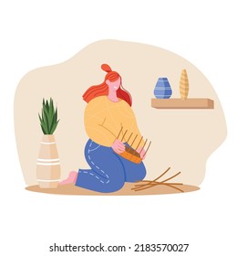 A woman is weaving a handmade basket Hobby, occupation in her free time, relaxation