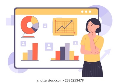 Woman with web analytics. Young girl look at graphs and diagrams, charts. Data visualization and infographics. Analyst at workplace with business presentation. Cartoon flat vector illustration