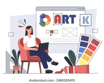 Woman web designer. Graphic designer and freelancer at workplace develop webpage. Development of UI and UX design elements for mobile application and programs. Cartoon flat vector illustration