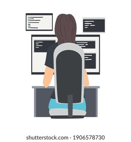 Woman Web Developer or Programmer Working In Front of Computer Screen Vector Illustration