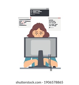 Woman Web Developer or Programmer Working In Front of Computer Screen Vector Illustration
