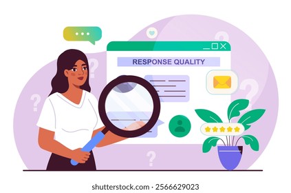 Woman web searching. Young girl with magnifying glass reads website web page. Person surfing internet. Online knowledge and information. SEO optimization. Flat vector illustration