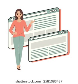 woman with website landing page computer windows illustration