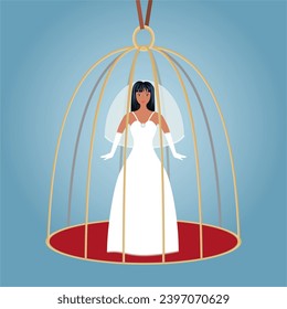 Woman in wedding dress captured in birdcage. Square composition. Vector illustration.