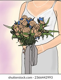 woman in wedding dress holding flowers. bride in gown with bouquet. Vector illustration.