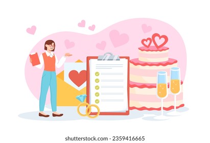 Concepto de mujer con planes de boda. Niña joven cerca de la lista de verificación mira en pasteles y regalos. Organización de ceremonia matrimonial. Fiesta romántica y festival. Dibujo vectorial plano de dibujos animados