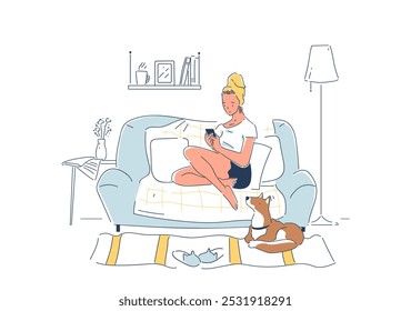 Woman with weekend relaxation. Young girl with smartphone in hands sits on sofa near dog. Comfort and coziness in apartment. Linear vector illustration isolated on white background