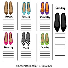 Woman weekly, daily planner template with fashionable shoes. Organizer, diary, schedule with notes for females. Time management, printable