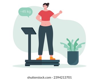 Mujer pesando su peso perdido después de la dieta y el ejercicio, feliz estilo de vida saludable. Diseño de caracteres. Ilustración plana del vector