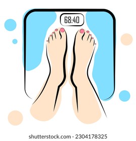 
The woman weighs herself. Legs on the scales. Vector illustration in doodle style. Weight control. Weight loss