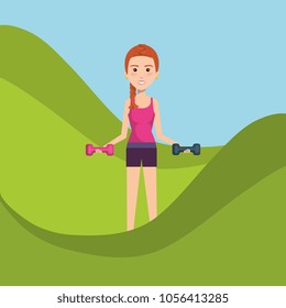Woman weight lifting in the field