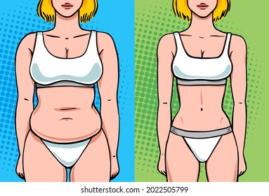 Woman weight loss before and after front view in linen, fat loss vector illustration in pop art retro comics style