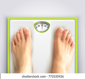 Woman Weight Loss And Fitness With Scales And Feet Realistic Vector Illustration