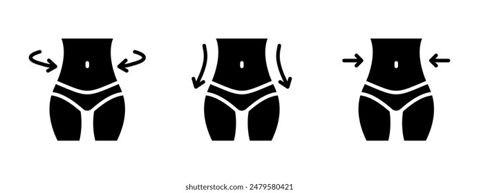 Conjunto de iconos de pérdida de peso para mujer. Símbolo del cuerpo de fitness. Control de la dieta y Ilustración vectorial de estilos de vida saludables. Señal de cintura delgada. Silueta femenina de la pérdida del vientre aislada.