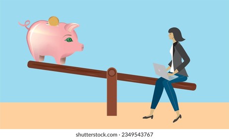 Woman at weight scale, teeter bpard- Åoggy bank on one side and working woman at the other. Dimension 16:9. Vector illustration