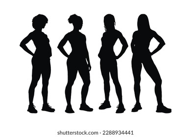 Woman weightlifter and bodybuilder silhouette with different poses. Female bodybuilder silhouette standing in different positions. Gym girl silhouette. Female gymnast silhouette with muscular bodies.