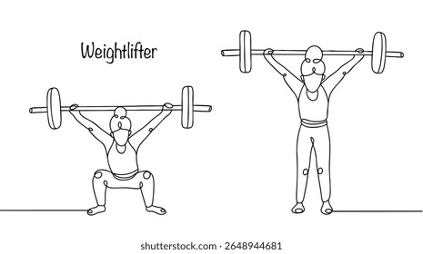 Levantador de peso mulher desenhado com linha preta no fundo branco. Esportista levantando barbell com peso máximo em arrebatamento e limpo e idiota. Vetor simples no tema de esportes.
