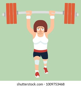 woman weightlifter lifting a barbell - funny vector cartoon illustration in flat style