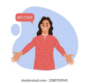 Woman with welcome inscription. Happy young girl glad to see newcomer. Cheerful person and character. Emotions, gestures and facial expressions. Poster or banner. Cartoon flat vector illustration