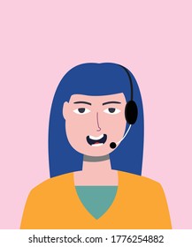 A woman welcomes at the reception. Answering the questions in a microphone, headset. Avatar. Vector Flat Illustration.