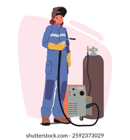 Woman welder cartoon character in protective mask an uniform ready for professional service standing with industrial torch furnace. Young female metalworker unusual profession vector illustration