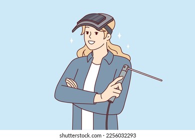 Woman with welding machine and mask protecting eyes stands with arms crossed and looks forward smiling. Professional girl welder working in industrial plant or in car workshop. Flat vector design